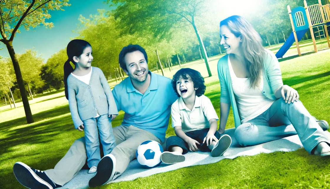 DALL·E 2024-06-14 09.58.10 - A highly realistic photograph of a happy family consisting of a father, mother, and two children spending time together in a park. The predominant col